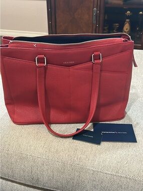 Cole Haan Red Leather Zip-Top Tote colab with American Airlines New WTags